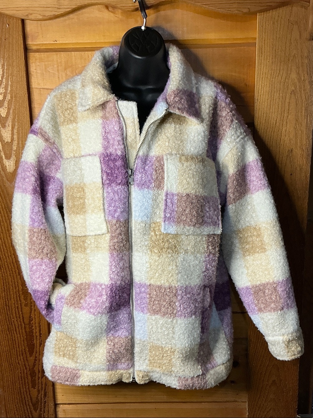 Jason maxwell Cream, Lavender & Tan Plaid Teddy Jacket Size L